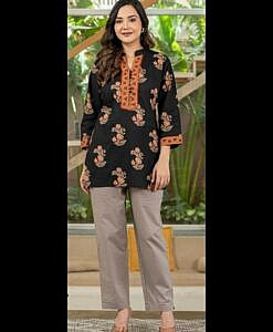 Black printed soft cotton short kurti top with potli buttons