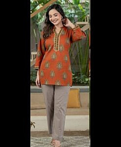 Rust printed soft cotton short kurti top with potli buttons