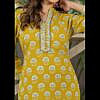 Yellow printed soft cotton short kurti top with potli buttons