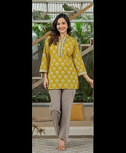 Yellow printed soft cotton short kurti top with potli buttons