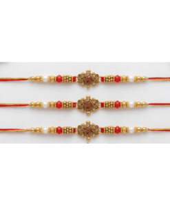 Red and white beads golden swastik rakhi