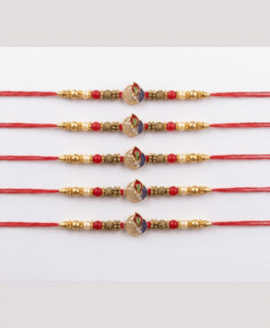 Round jali design with red and blue mor pankh rakhi