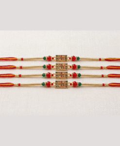 Golden rectangle red green beads rakhi