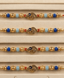 Ovel jali mor pankh rakhi with colourful beads and chawal chandan tika pack
