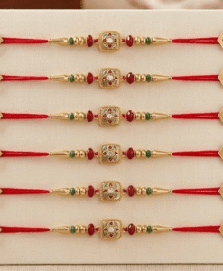 Beautiful small square design rakhi with red beads